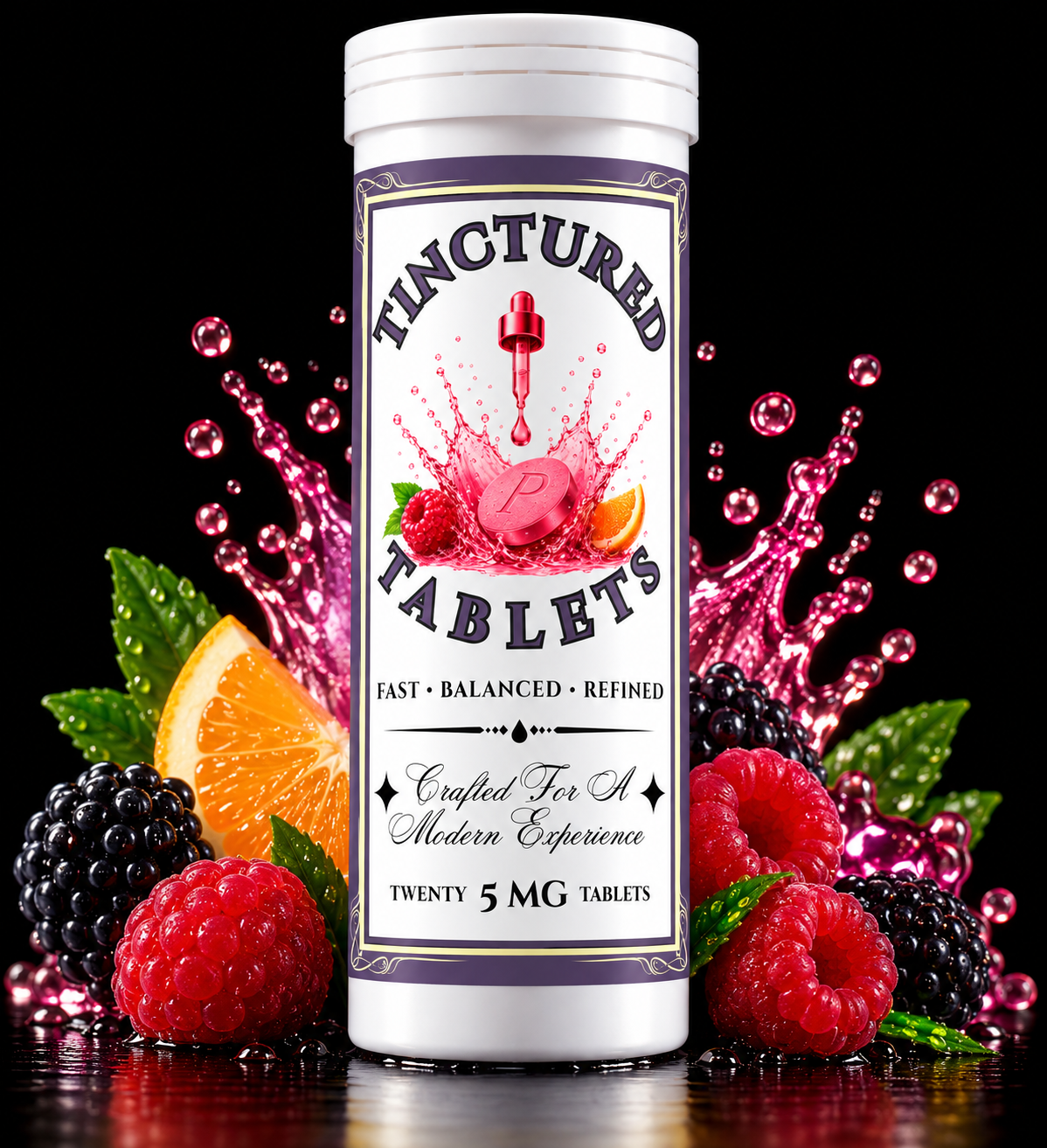 Primm Tinctured Tablets Retire tube with blackberries and orange